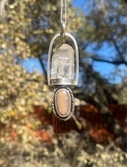 Raw Quartz w/ peach moonstone Essential Oil Roller Necklace