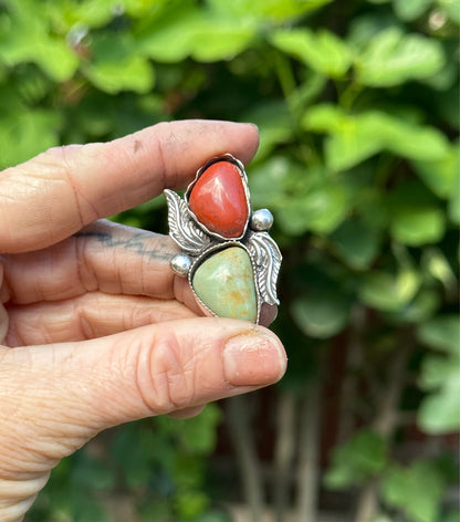 ‘Finish in your size’ Red Jasper & Tibetan Turquoise ring