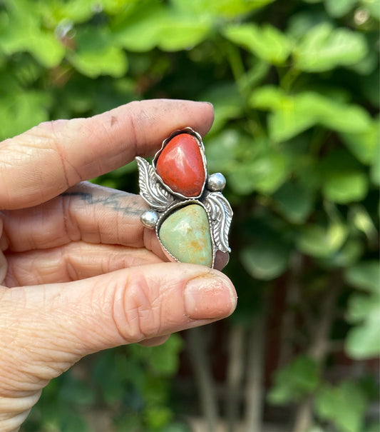 ‘Finish in your size’ Red Jasper & Tibetan Turquoise ring